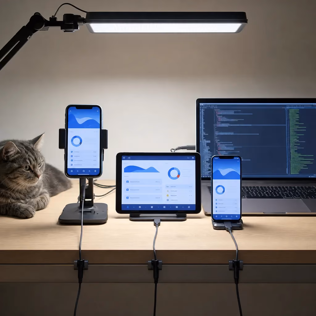 Finished mobile app displayed on multiple test devices in Lincoln development studio